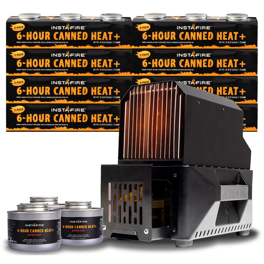 VESTA Self-Powered Indoor Space Heater & Cook Stove Plus 24 Cans of Canned Heat by InstaFire